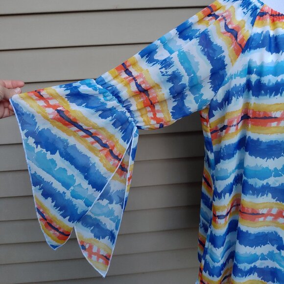 New Directions Multicolor Watercolor Abstract Blouse Flowy Sleeves Artistic - Picture 6 of 11